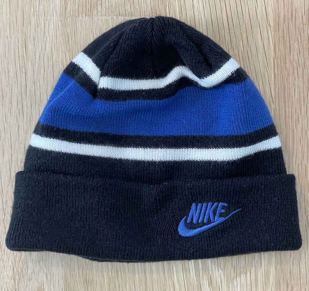 Nike Black Blue Striped Cuffed Beanie Youth Size Knit Winter Embroidered Swoosh